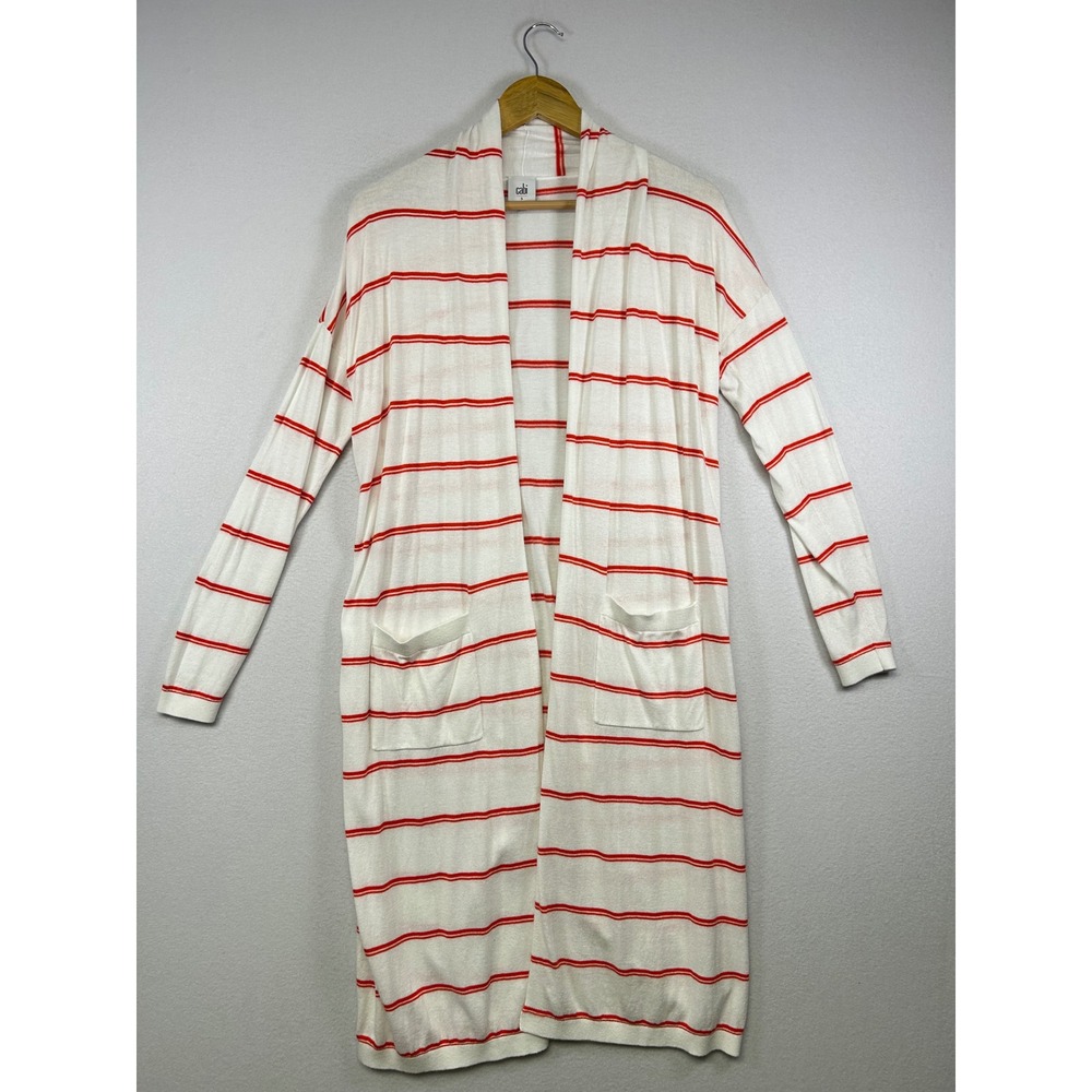 Nautical Coastal Cabi Womens S White Red Striped Longline Open Front Cardigan
